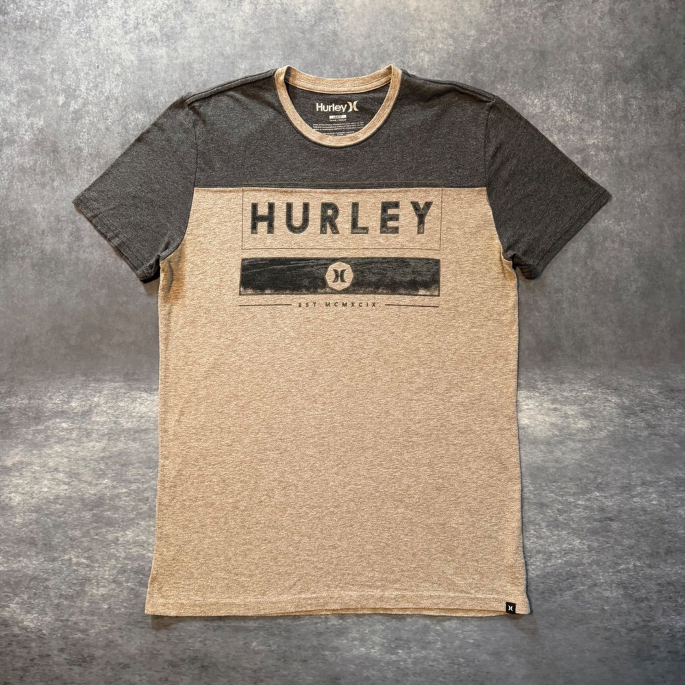 Hurley Mens Graphic T-Shirt Large Gray Tan Colorblock Short Sleeve Tee Spellout